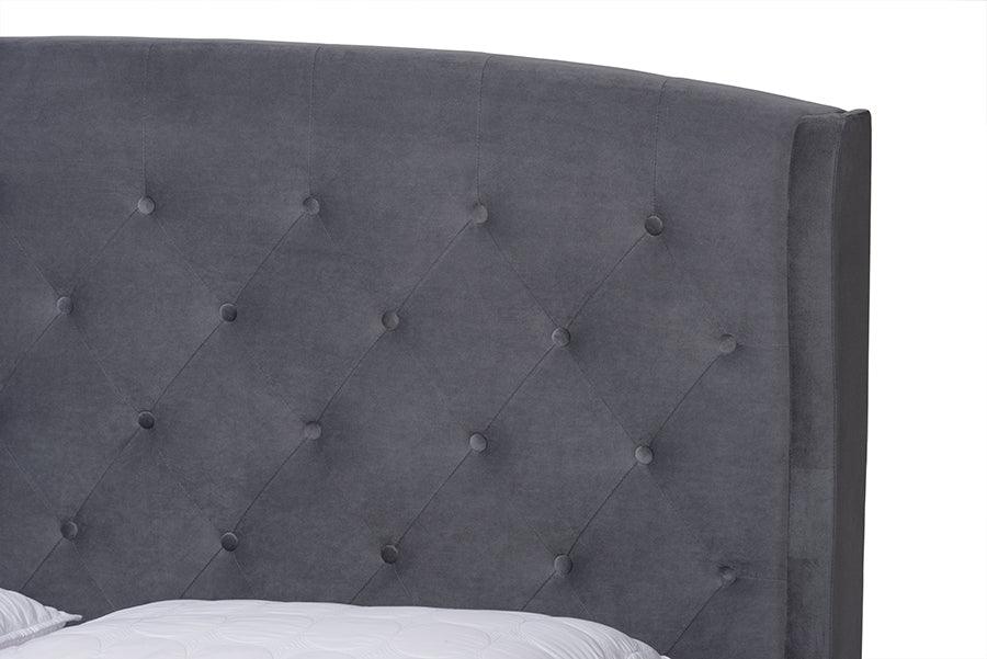 Wholesale Interiors Beds - Joanna Grey Velvet Fabric Upholstered and Dark Brown Finished Wood King Size Platform Bed