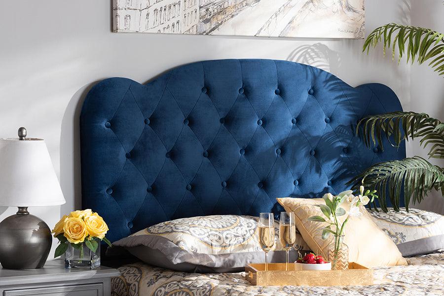 Wholesale Interiors Headboards - Clovis Navy Blue Velvet Fabric Upholstered King Size Headboard