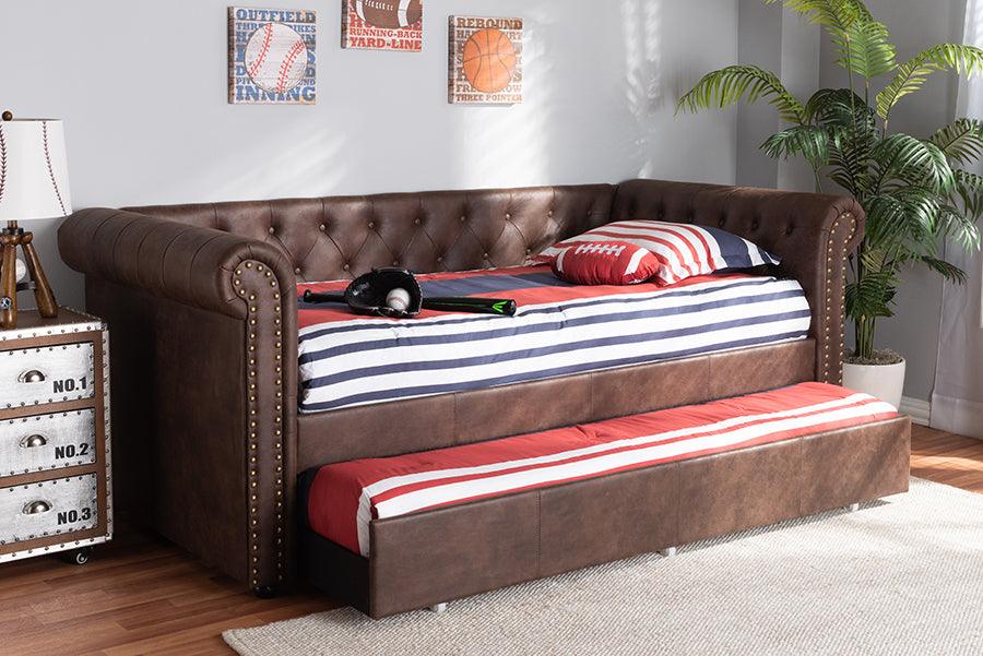Wholesale Interiors Daybeds - Mabelle Modern and Contemporary Brown Faux Leather Upholstered Daybed with Trundle