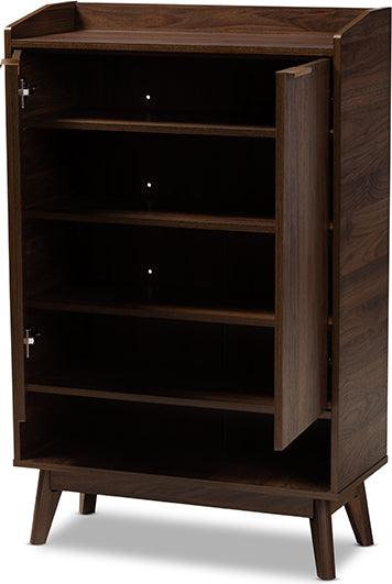 Wholesale Interiors Shoe Storage - Lena Mid-Century Modern Walnut Brown Finished 5-Shelf Wood Entryway Shoe Cabinet