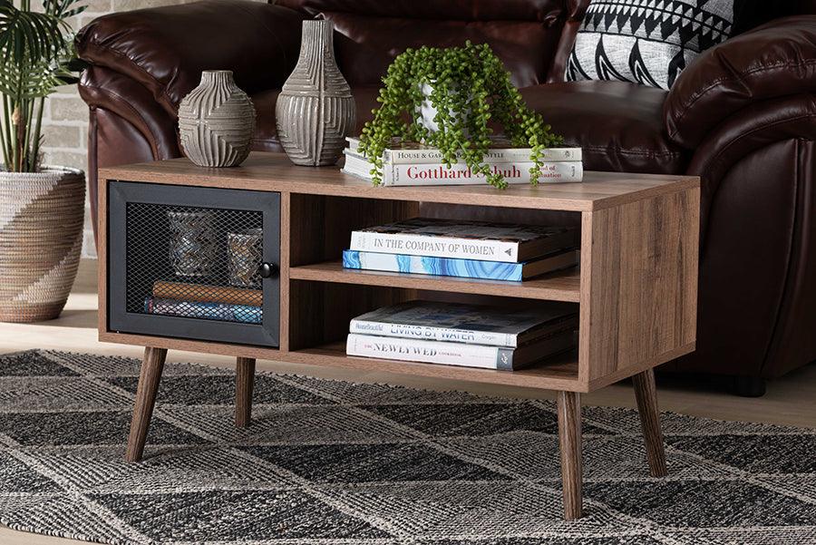 Wholesale Interiors Coffee Tables - Yuna Mid-Century Modern Transitional Brown Wood and Black Metal 1-Door Coffee Table
