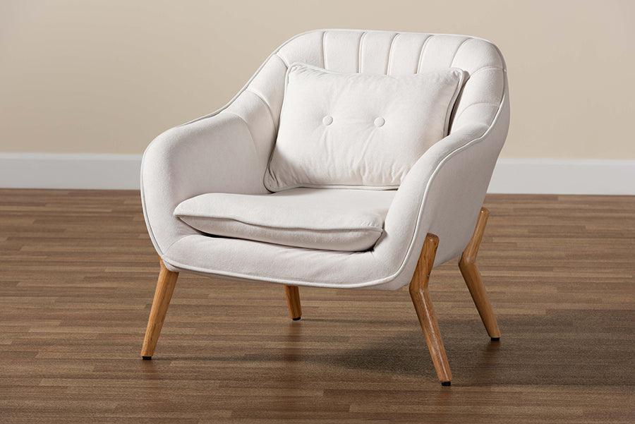 Wholesale Interiors Accent Chairs - Valentina Beige Velvet Fabric Upholstered and Natural Wood Finished Armchair