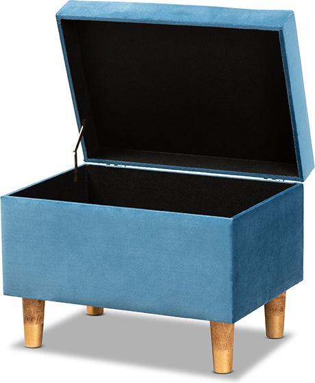 Wholesale Interiors Ottomans & Stools - Elias Sky Blue Velvet Fabric Upholstered and Oak Brown Finished Wood Storage Ottoman