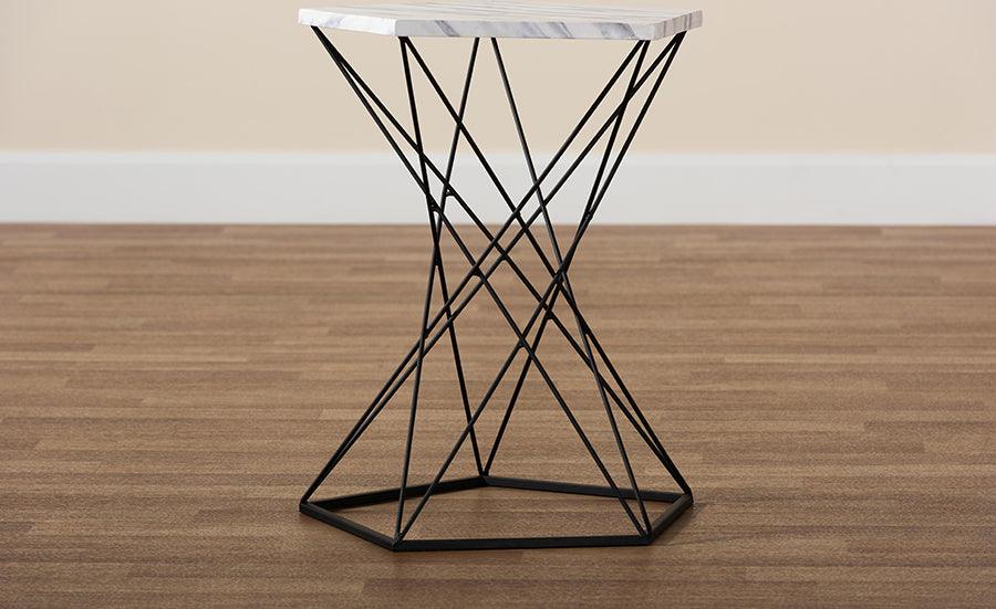 Wholesale Interiors Side & End Tables - Oberon Modern and Contemporary Black Metal End Table with Faux Marble Tabletop