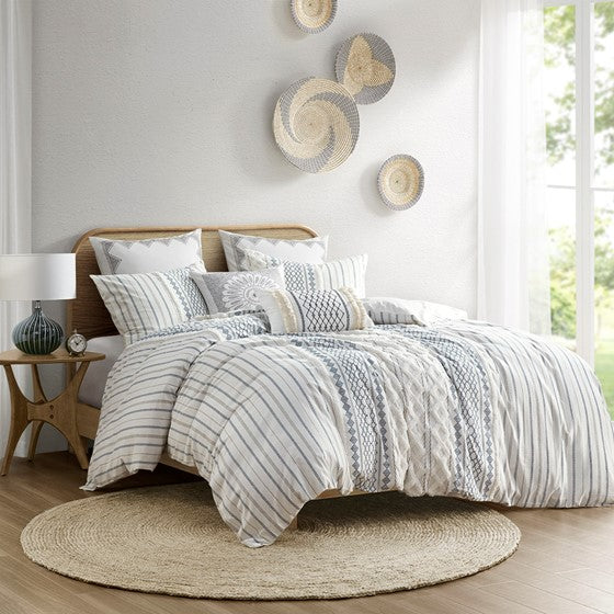 Olliix.com Comforters & Blankets - Cotton Printed Comforter Set with Chenille Navy Full/Queen