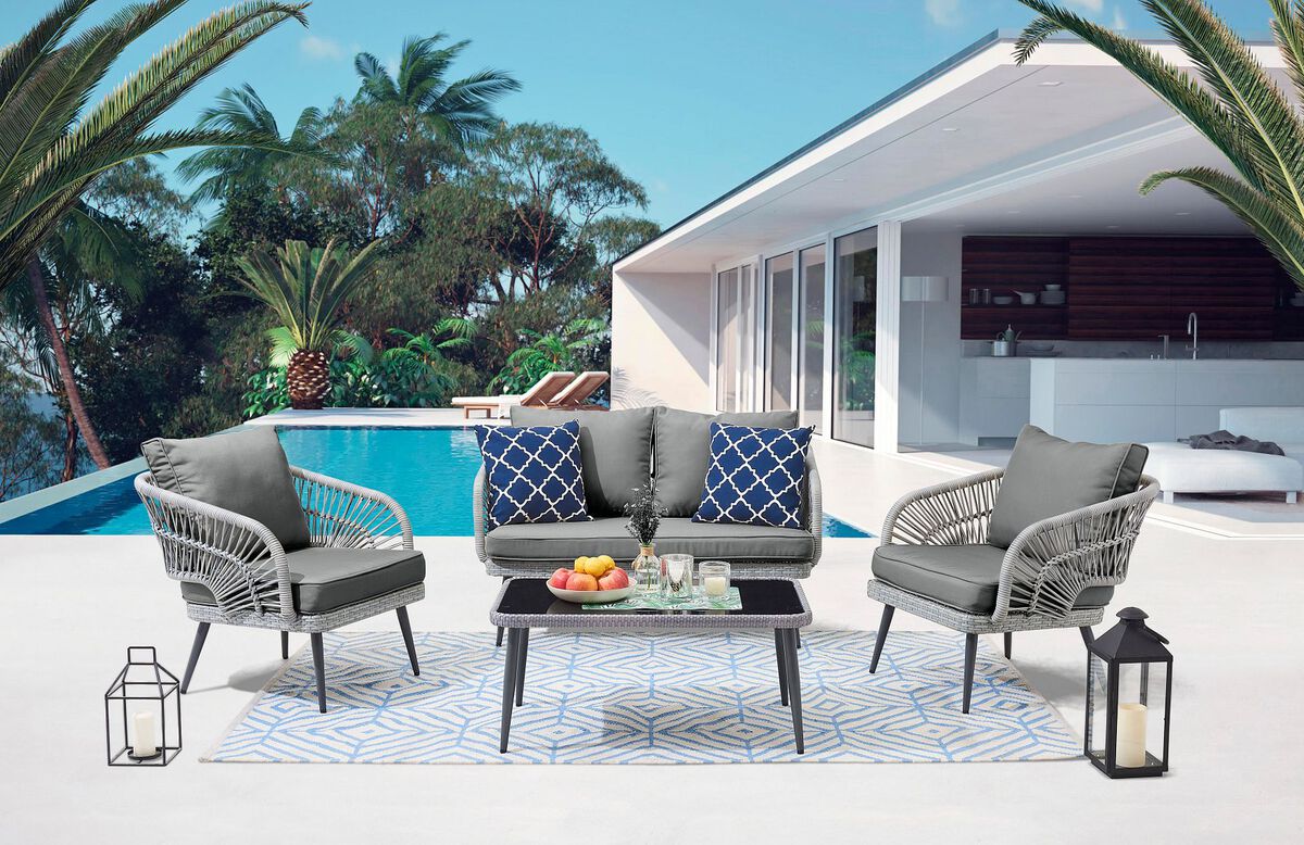 Manhattan Comfort Outdoor Conversation Sets - Riviera Patio 4- Person Conversation Set with Coffee Table with Cream Cushions
