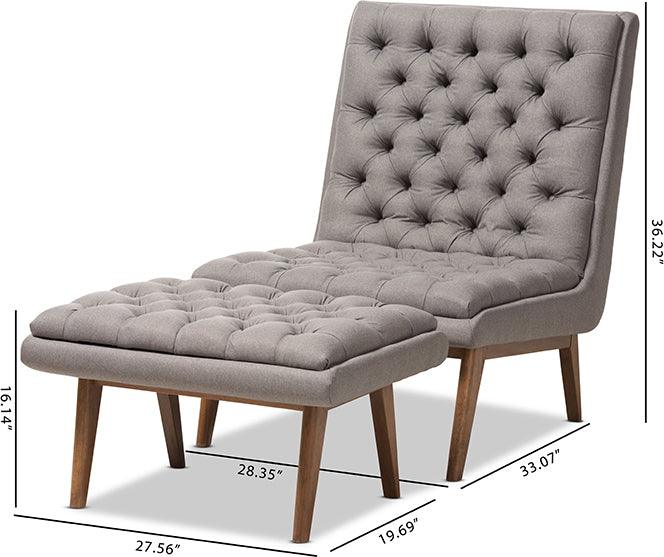 Wholesale Interiors Living Room Sets - Annetha Mid-Century Modern Grey Fabric Walnut Wood Chair And Ottoman Set