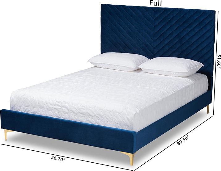 Wholesale Interiors Beds - Fabrico Glam and Luxe Navy Blue Velvet Fabric Upholstered and Gold Metal Full Size Platform Bed
