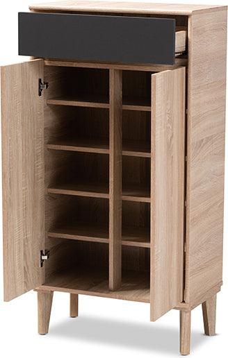 Wholesale Interiors Shoe Storage - Fella Mid-Century Modern Two-Tone Oak Brown And Dark Gray Entryway Shoe Cabinet With Drawer