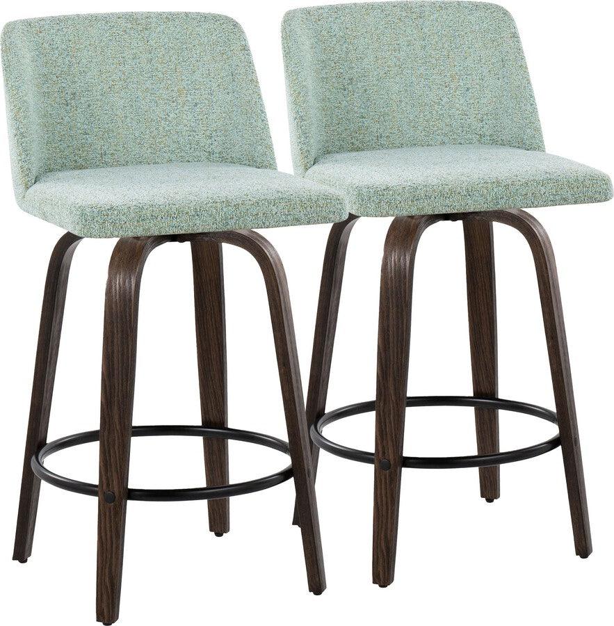 Lumisource Barstools - Toriano 26" Fixed Height Counter Stool With Swivel In Walnut Wood & Light Green Fabric (Set of 2)