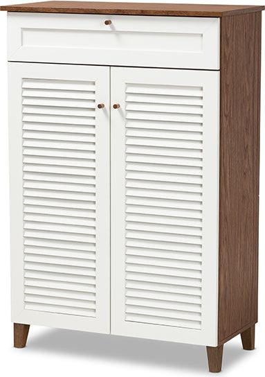 Wholesale Interiors Shoe Storage - Coolidge Contemporary White and Walnut 5-Shelf Wood Shoe Storage Cabinet with Drawer