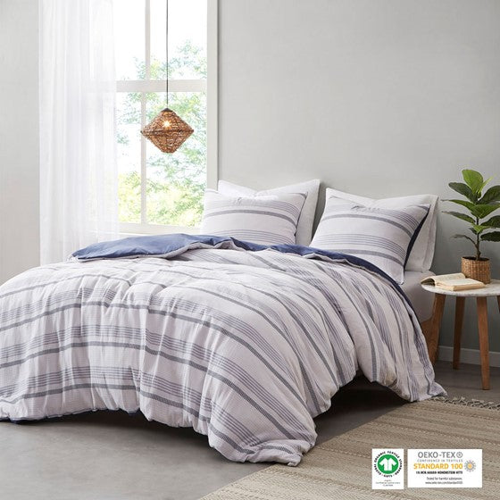 Olliix.com Comforters & Blankets - 5 Piece Striped Organic Cotton Yarn Dyed Comforter Cover Set w/removable insert Indigo/White Full/Queen