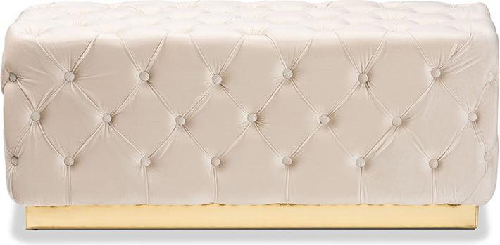 Wholesale Interiors Ottomans & Stools - Corrine Glam and Luxe Beige Velvet Fabric Upholstered and Gold PU Leather Ottoman
