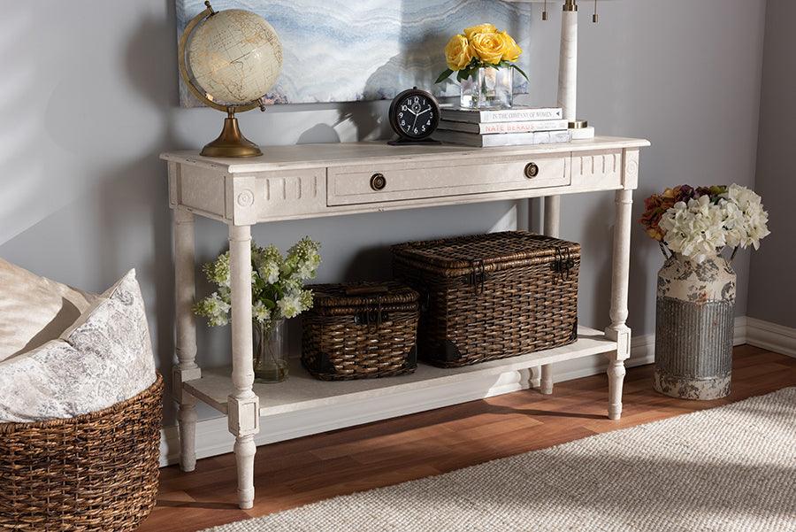 Wholesale Interiors Consoles - Ariella Country Cottage Farmhouse Whitewashed 1-Drawer Console Table