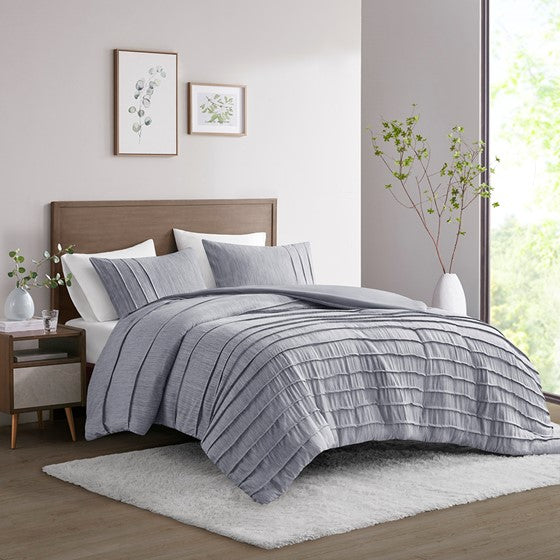 Olliix.com Duvet & Duvet Sets - 3 Piece Striated Cationic Dyed Oversized Duvet Cover Set with Pleats Blue Full/Queen