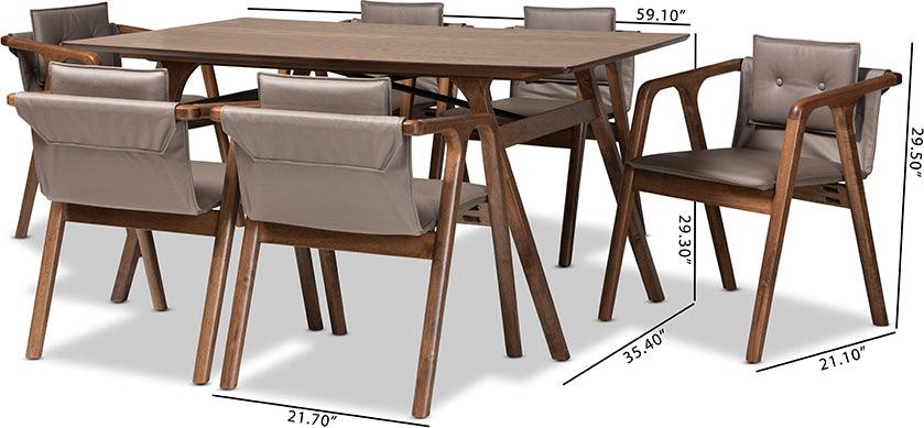 Wholesale Interiors Dining Sets - Marcena Mid-Century Modern Grey Leather and Brown Finished Wood 7-Piece Dining Set