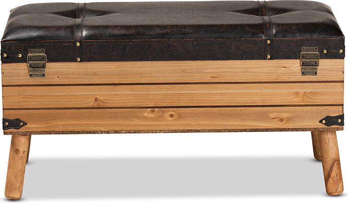 Wholesale Interiors Ottomans & Stools - Amena Rustic Dark Brown PU Leather Upholstered and Oak Finished Wood Large Storage Ottoman
