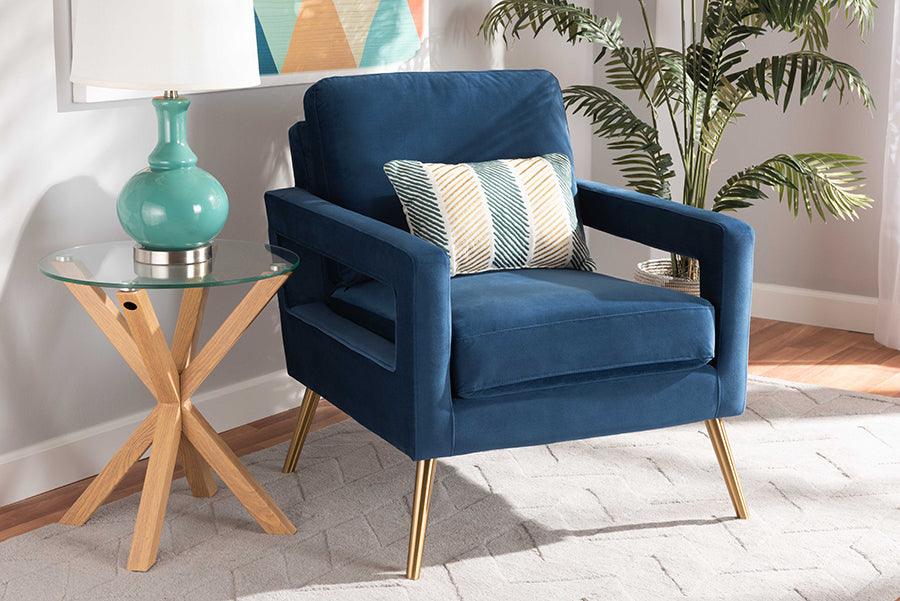 Wholesale Interiors Accent Chairs - Leland Glam and Luxe Navy Blue Velvet Fabric Upholstered and Gold Finished Armchair