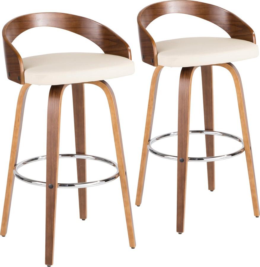 Lumisource Barstools - Grotto Mid-Century Modern Barstool in Walnut and Cream Faux Leather - Set of 2