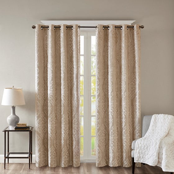Olliix.com Curtains - Knitted Jacquard Damask Total Blackout Grommet Top Curtain Panel Pair Champagne