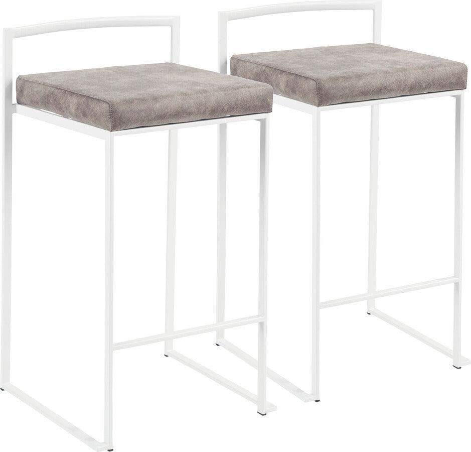 Lumisource Barstools - Fuji Contemporary Stackable Counter Stool in White with Stone Cowboy Fabric Cushion - Set of 2