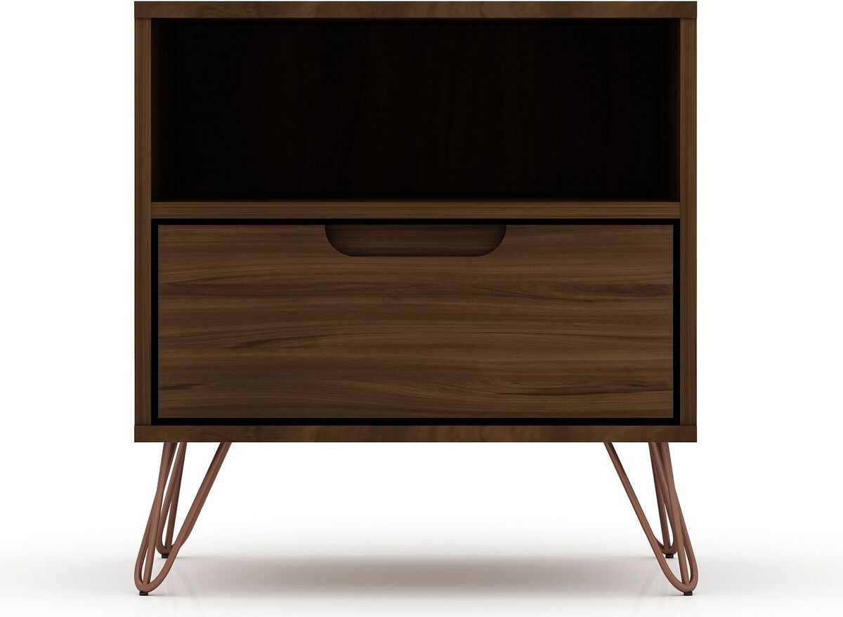 Manhattan Comfort Nightstands & Side Tables - Rockefeller 1.0 Mid-Century- Modern Nightstand with 1-Drawer in Brown