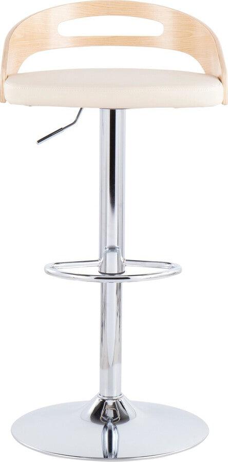 Lumisource Barstools - Cassis Mid-Century Modern Adjustable Barstool with Swivel in Natural Wood and Cream Faux Leather