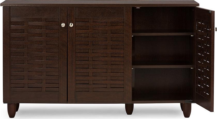 Wholesale Interiors Shoe Storage - Winda Modern and Contemporary 3-Door Dark Brown Wooden Entryway Shoes Storage Cabinet