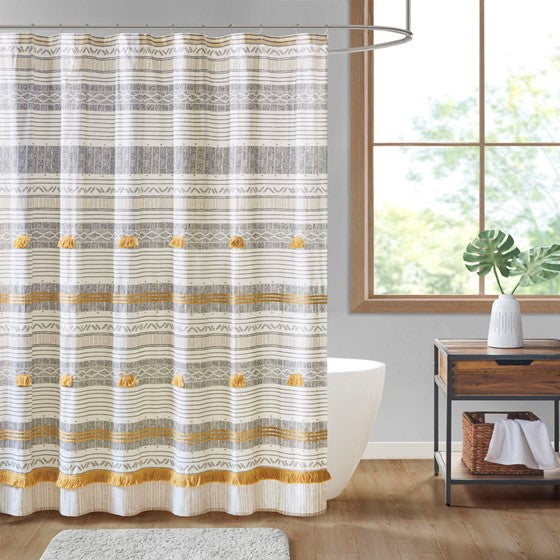 Olliix.com Shower Curtains - Cotton Stripe Printed Shower Curtain with Tassel Gray/Yellow