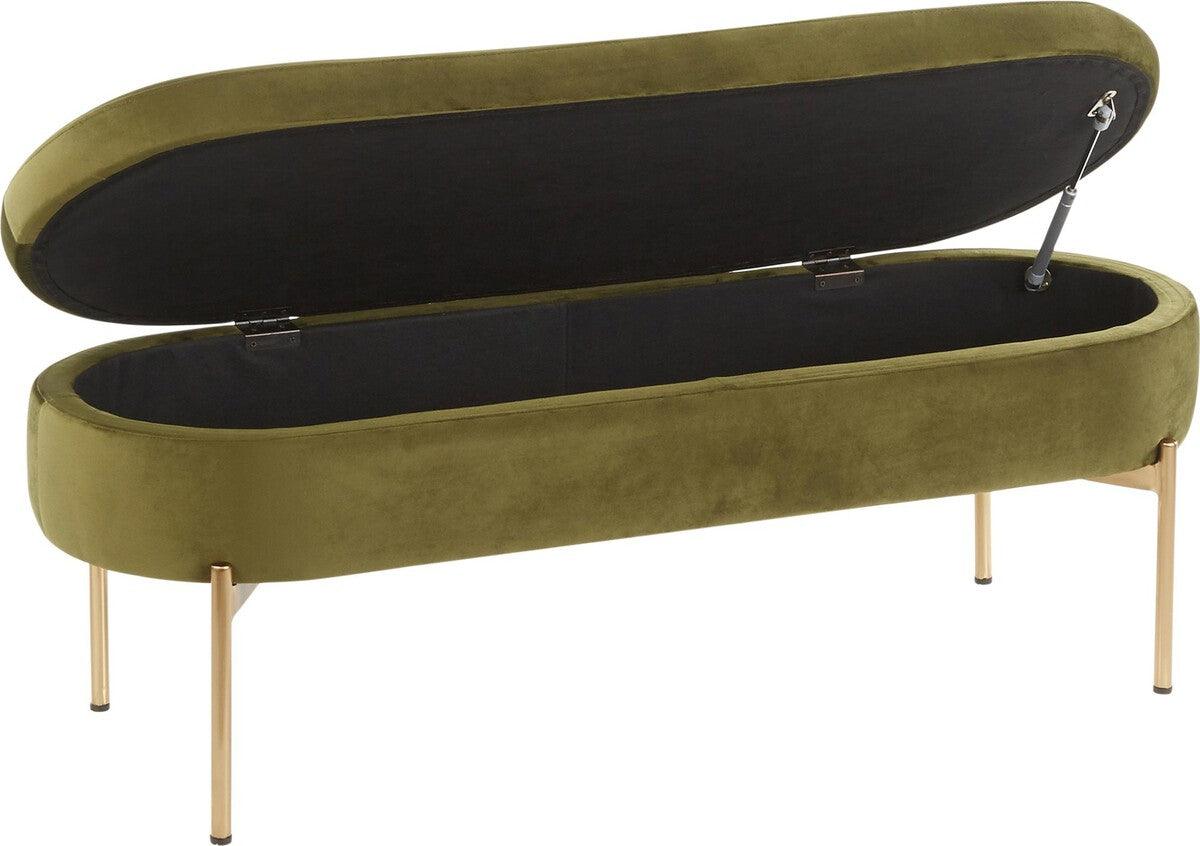Lumisource Benches - Chloe Contemporary/Glam Storage Bench in Gold Metal and Green Velvet