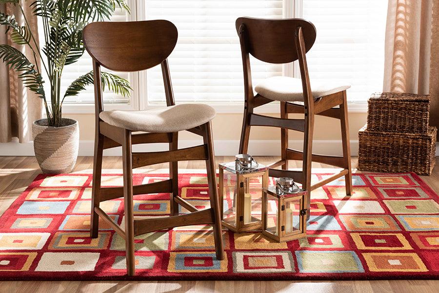 Wholesale Interiors Barstools - Katya Mid-Century Modern Sand Fabric and Brown Wood 2-Piece Counter Stool Set