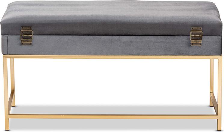Wholesale Interiors Ottomans & Stools - Aliana Glame Grey Velvet Fabric Upholstered and Gold Finished Metal Large Storage Ottoman
