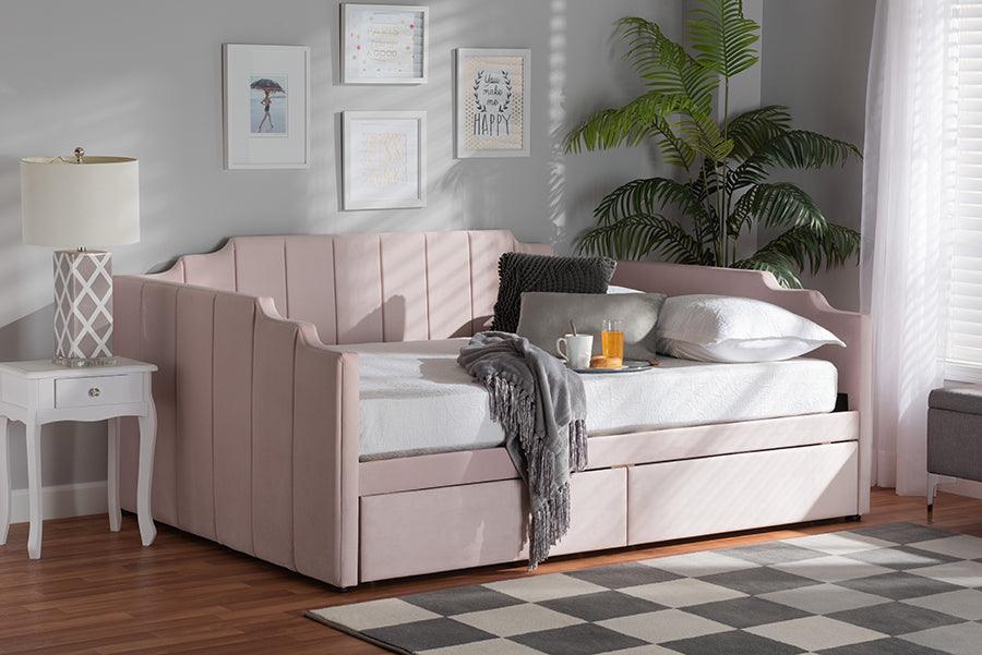 Wholesale Interiors Daybeds - Gulliver Modern and Contemporary Light Pink Velvet Fabric Upholstered 2-Drawer Daybed