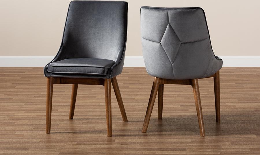 Wholesale Interiors Dining Chairs - Gilmore Contemporary Grey Velvet and Walnut Brown Wood 2-Piece Dining Chair Set