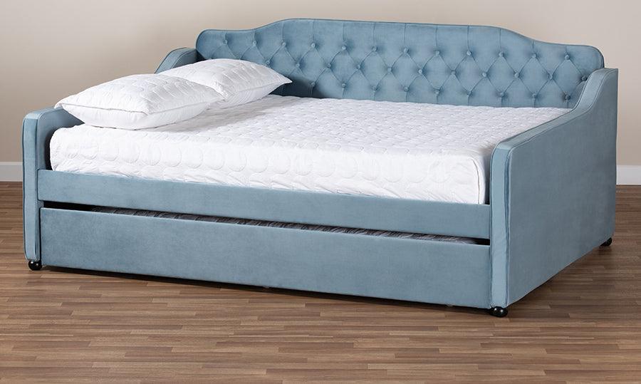 Wholesale Interiors Daybeds - Freda Contemporary Blue Velvet and Button Tufted Queen Size Daybed with Trundle