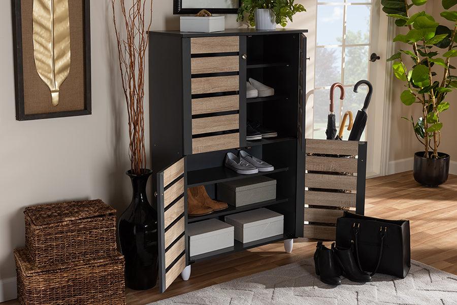 Wholesale Interiors Shoe Storage - Gisela Modern and Contemporary Two-Tone Oak and Dark Gray 4-Door Shoe Storage Cabinet