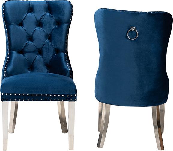 Wholesale Interiors Dining Chairs - Honora Contemporary Glam and Luxe Navy Blue Velvet Fabric and Silver Metal 2-Piece Dining Chair Set