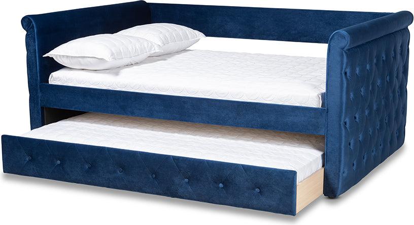 Wholesale Interiors Daybeds - Amaya Modern and Contemporary Blue Velvet Queen Size Daybed with Trundle