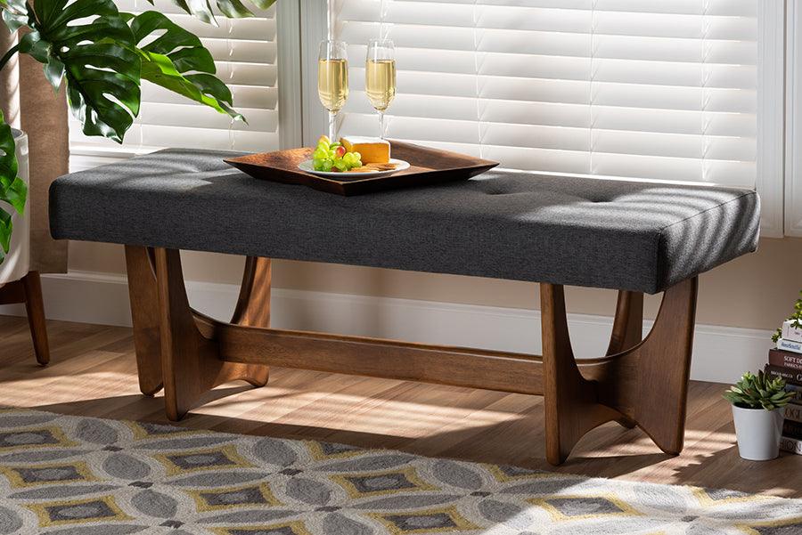 Wholesale Interiors Benches - Theo Mid-Century Modern Dark Grey Fabric Upholstered Walnut Finished Bench