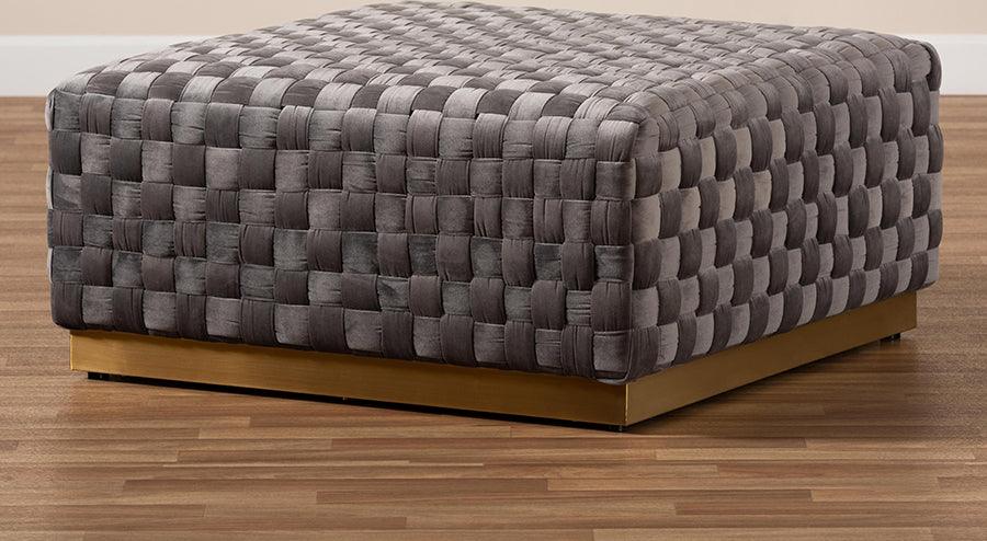 Wholesale Interiors Ottomans & Stools - Noah Luxe and Glam Grey Velvet Fabric Upholstered and Gold Finished Square Cocktail Ottoman