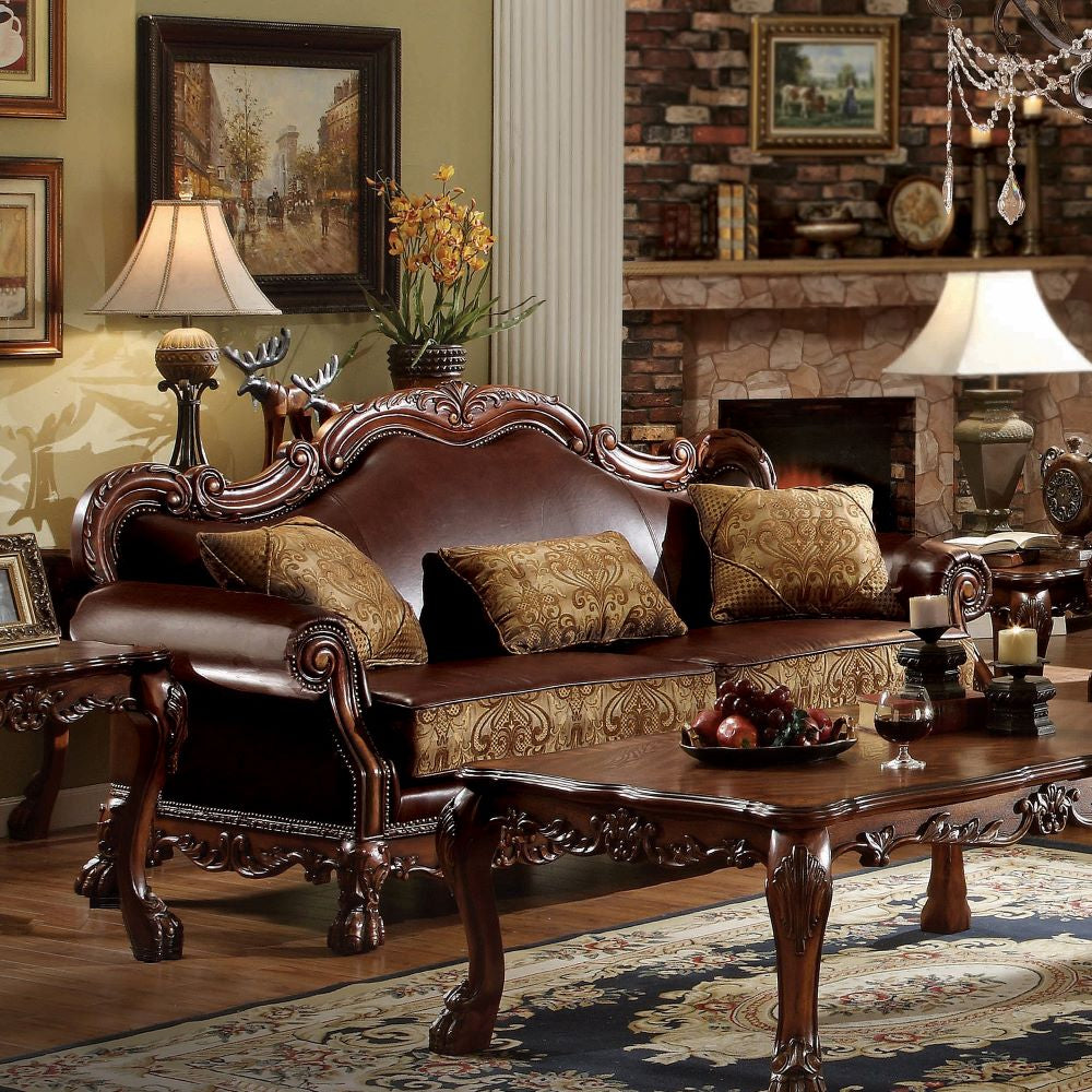ACME Furniture Sofas & Couches - Sofa (w/3 Pillows), Brown PU & Chenille, Cherry Oak 15160