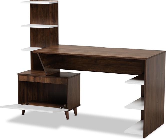 Wholesale Interiors Desks - Tobias Mid-Century Modern White and Brown Finished Wood Storage Desk with Shelves