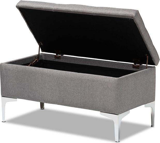 Wholesale Interiors Ottomans & Stools - Mabel Grey Fabric Upholstered and Silver Finished Metal Storage Ottoman