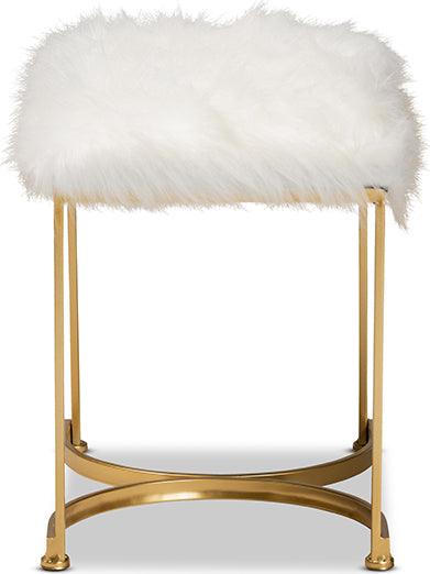 Wholesale Interiors Ottomans & Stools - Gwyn Glam and Luxe White Faux Fur Upholstered and Gold Finished Metal Ottoman