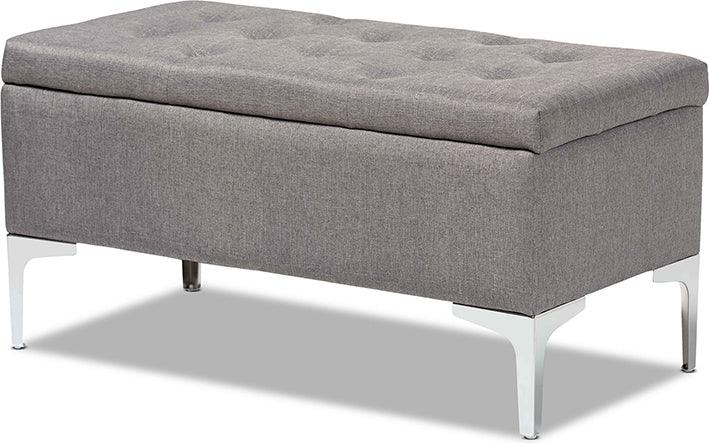 Wholesale Interiors Ottomans & Stools - Mabel Grey Fabric Upholstered and Silver Finished Metal Storage Ottoman