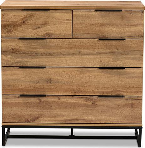 Wholesale Interiors Chest of Drawers - Franklin Oak Finished Wood and Black Finished Metal 5-Drawer Bedroom Chest