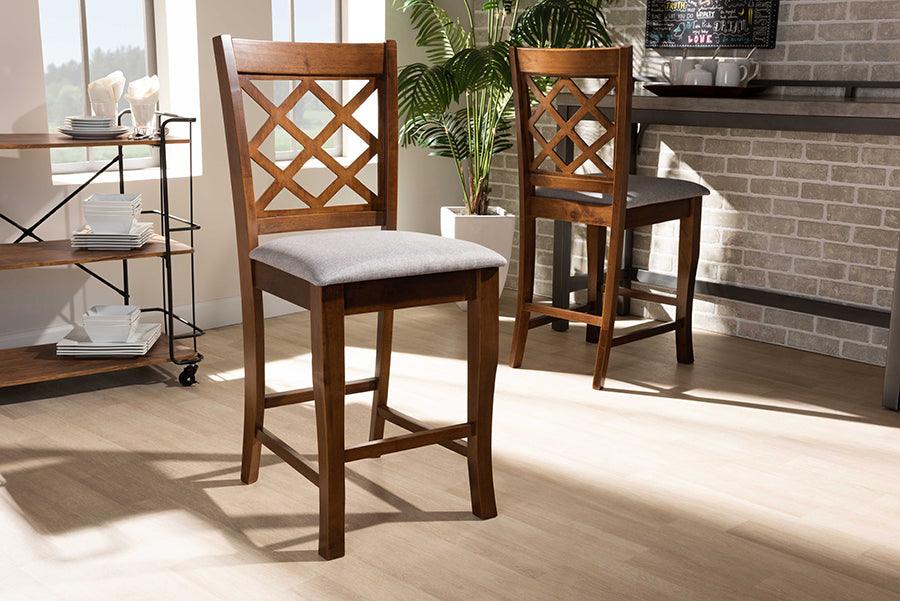 Wholesale Interiors Barstools - Aria Grey Fabric Upholstered And Walnut Brown Finished Wood 2-Piece Counter Height Pub Chair Set