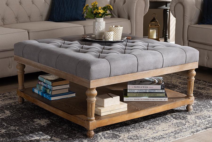 Wholesale Interiors Ottomans & Stools - Kelly Modern and Rustic Grey Linen Fabric and Greywashed Wood Cocktail Ottoman