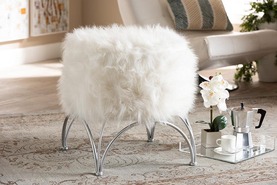 Wholesale Interiors Ottomans & Stools - Celia Modern And Contemporary White Faux Fur Upholstered Silver Metal Ottoman
