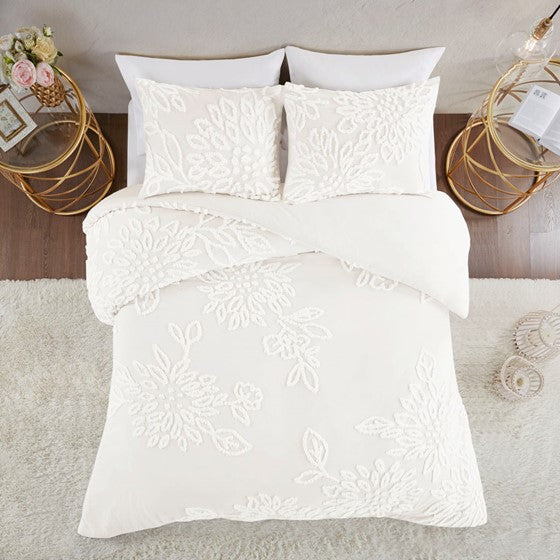 Olliix.com Duvet & Duvet Sets - 3 Piece Tufted Cotton Chenille Floral Duvet Cover Set Off-White Full/Queen